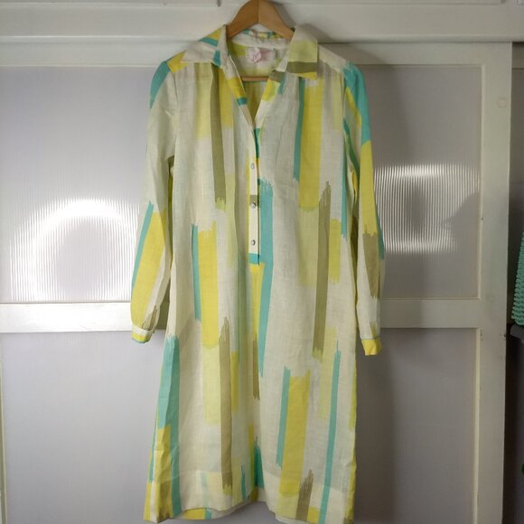 Dimonelli Striped Long Sleeve Collared Dress Size Vintage 12 Retro Yellow White - Picture 1 of 15